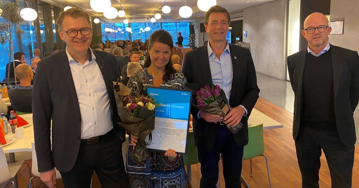 Regiondirektør i NHO Agder Høye G. Høyesen (til venstre), Kristin Berthelsen (CCO, Norse Atlantic Airways), Bjørn Tore Larsen (CEO, Norse Atlantic Airways) og adm. direktør i NHO Ole Erik Almlid.